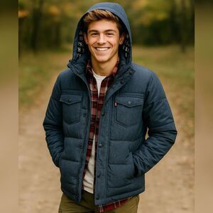 Levis Mens S Puffer Jacket Blue Hooded Denim Look Quilted Insulated Logo Lined